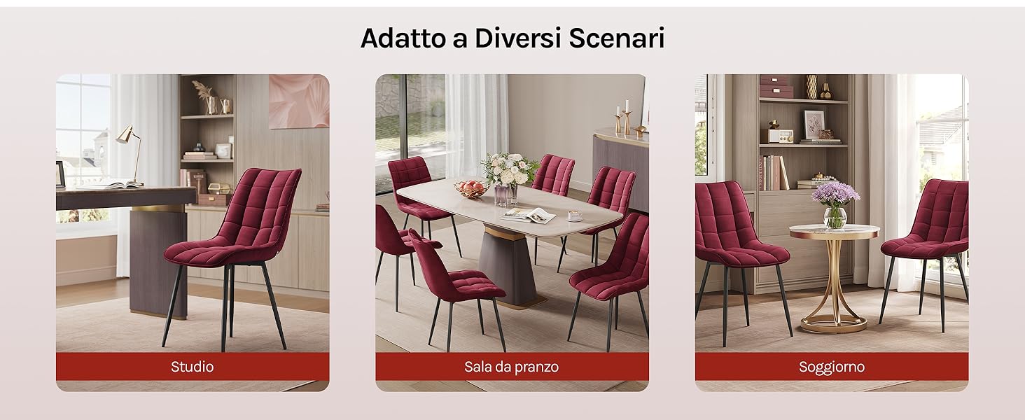 Serie di foto di interior design che mostrano la disposizione della sala da pranzo con sedie in velluto bordeaux attorno a tavoli da pranzo moderni, dimostrando diverse opzioni di layout.