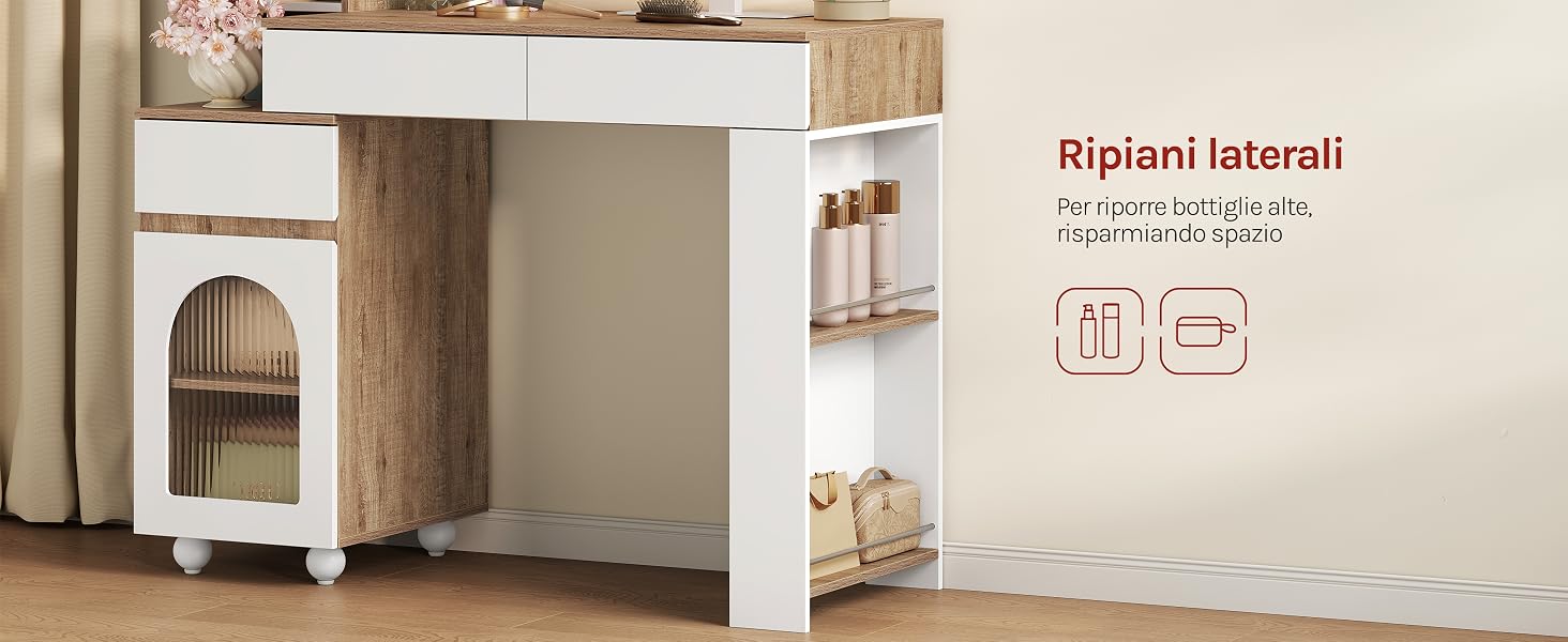 Il testo recita «Kopiert komplett», «Facile installazione», mostrato con l'illustrazione del prodotto di un mobile bianco con vani portaoggetti e inserti neri sulle gambe.