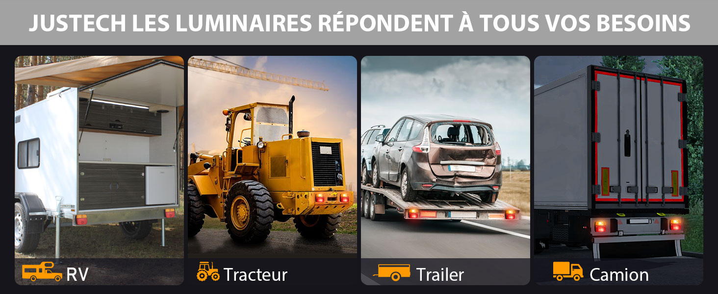 Le texte se lit comme suit : « JUSTECH LES LUMINAIRES RÉPONDENT À TOUS VOS BESOINS ». Quatre icônes de véhicules sont affichées avec des étiquettes : Bus.tv, TracTor, TrailER, CAMion.