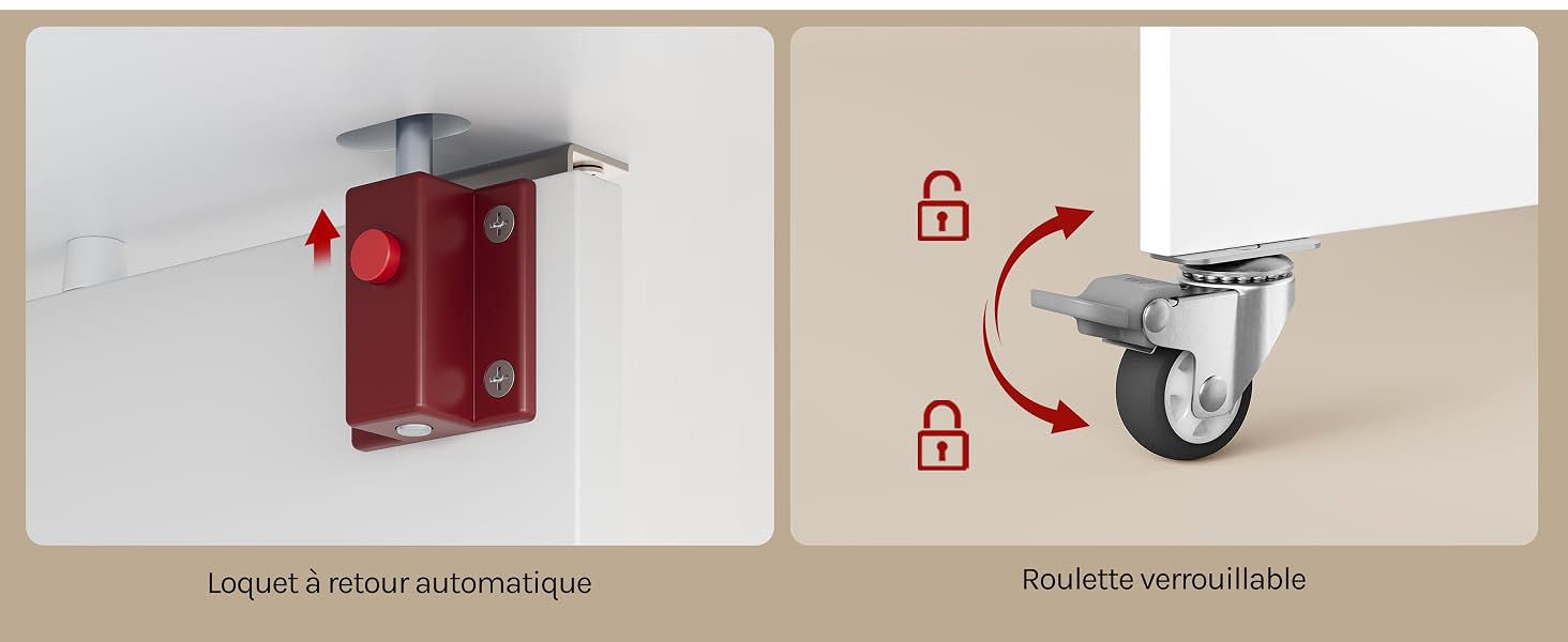 Boîte de rangement murale rouge avec porte à charnière à gauche ; roulette en métal avec accent rouge et mécanisme de verrouillage à droite. Luminaires de quincaillerie industriels illustrés.