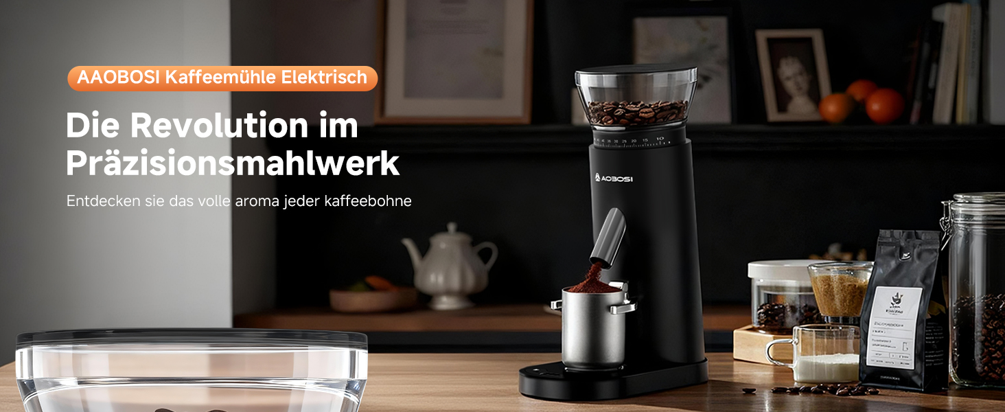 Der Text lautet „Die Revolution im Präzisionshandwerk“. Szene zur Kaffeezubereitung mit professioneller Ausrüstung bei dunklem, stimmungsvollem Licht.
