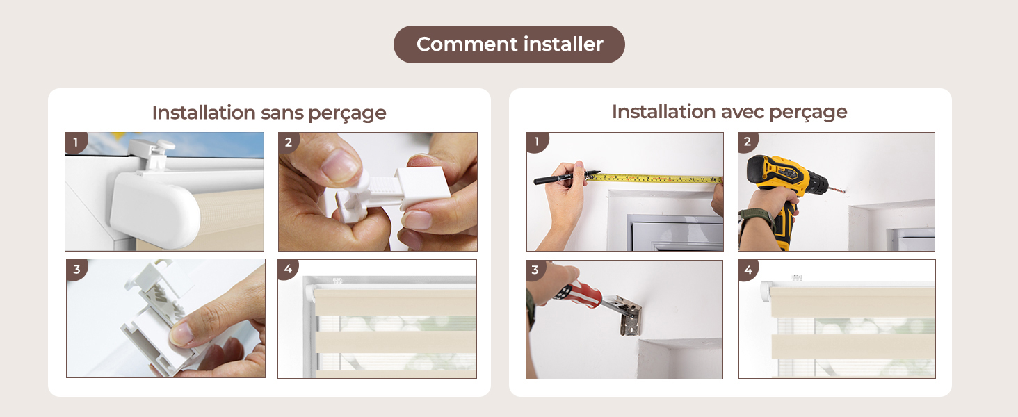 Le texte se lit comme suit : « Comment installer l'installateur ». Guide d'installation présentant deux méthodes : « Installation sans perçage » et « Installation avec perçage » avec instructions de montage étape par étape.