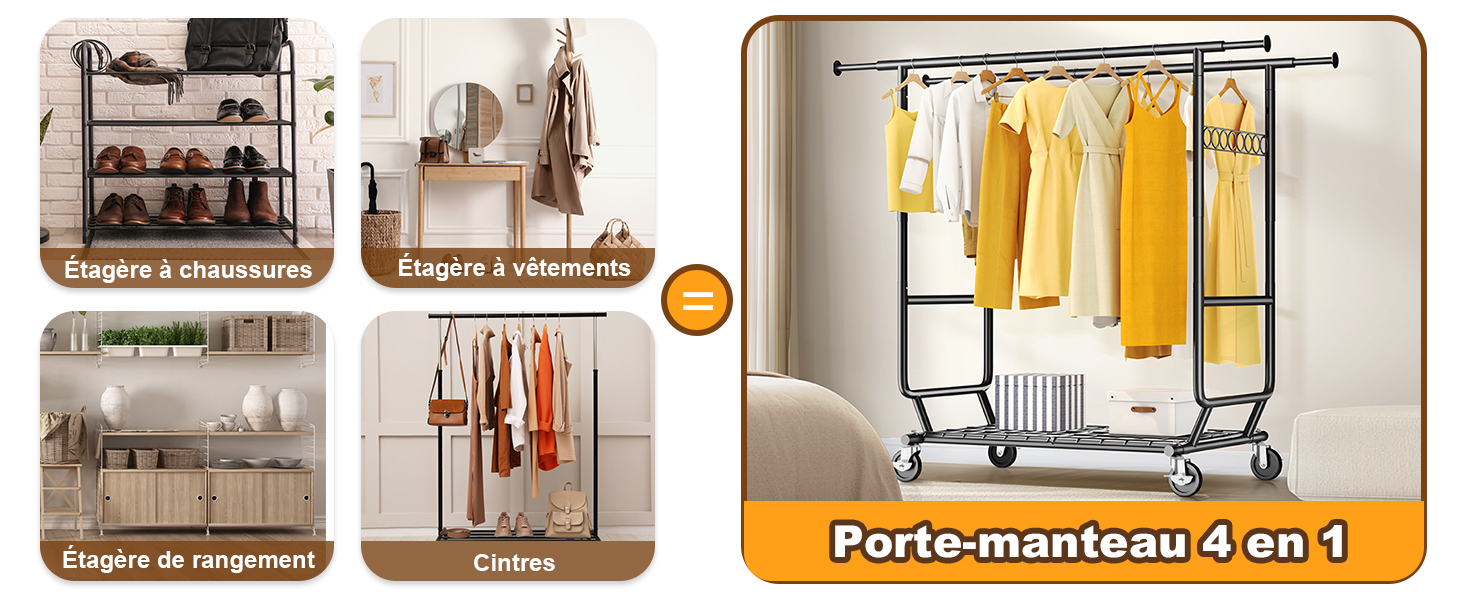 Le texte se lit comme suit : « Porte-manteau 4 en 1 ». Plusieurs images de produits montrant un système de porte-vêtements avec différentes configurations de rangement et des exemples d'utilisation.