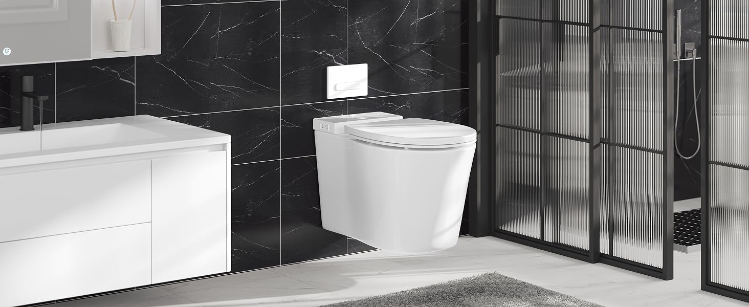 Modern bathroom interior with white toilet, glass shower enclosure, and black tiled walls and floor. Minimalist design with clean lines.