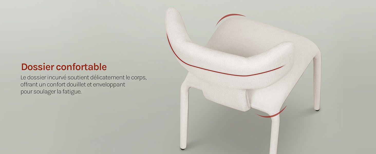 Le texte se lit comme suit : « Dossier confortable ». Chaise d'aisance blanche de style médical avec assise et dossier rembourrés, au design minimaliste épuré.