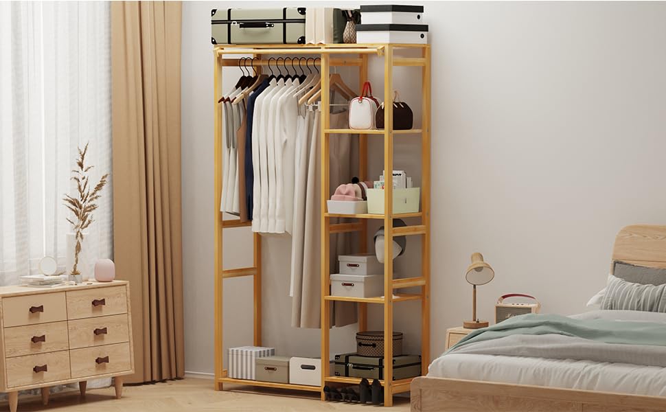 Appendiabiti in bambù Appendiabiti da terra con scaffale a 4 livelli con barra inferiore per abiti