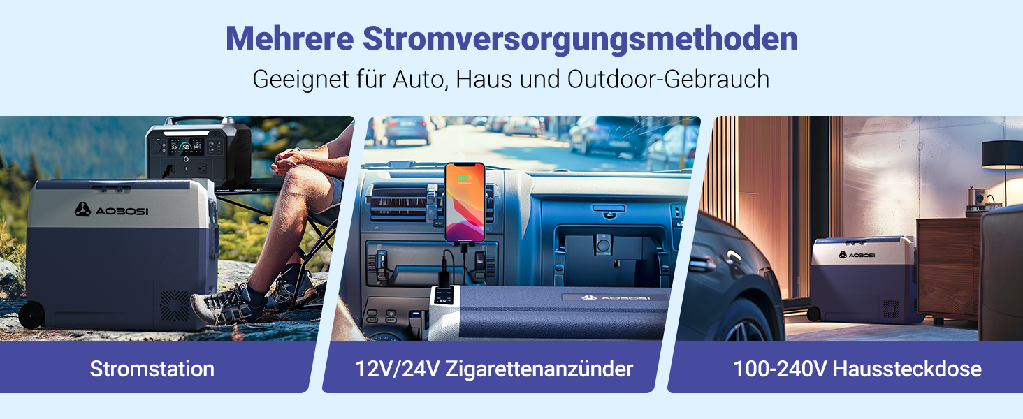 Drei tragbare Kraftwerke, die im Freien gezeigt werden. Der deutsche Text weist auf mehrere Stromversorgungsmethoden für den Auto-, Heim- und Außenbereich hin.
