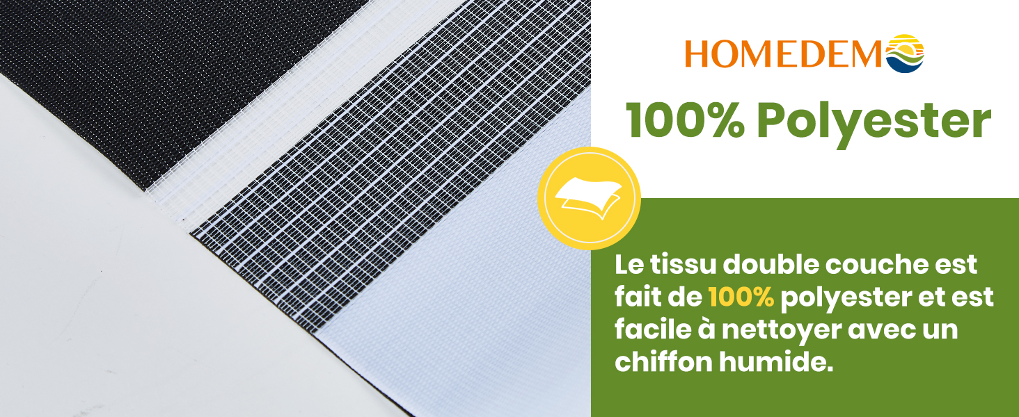 aux motifs quadrillés noirs et blancs. Le texte indique un matériau 100 % polyester, facile à nettoyer avec un chiffon humide.