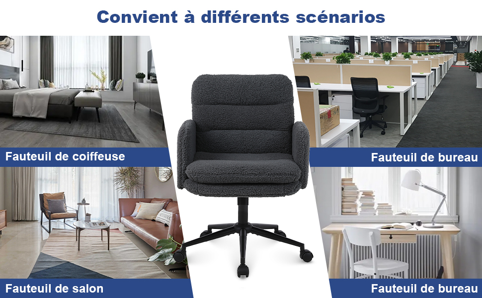 Le texte se lit comme suit : « Convient à différents scénarios ». Plusieurs images montrant des chaises et des fauteuils de bureau étiquetés « Fauteuil de coiffure », « Fauteuil de bureau » et « Fauteuil de salon ».