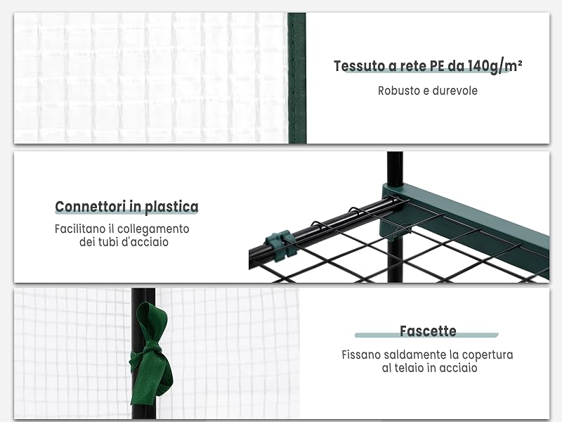 Illustrazione a più pannelli di una struttura in metallo verde con tessuto a rete bianco, con connettori, fissaggio in tessuto e cerniere facili da usare