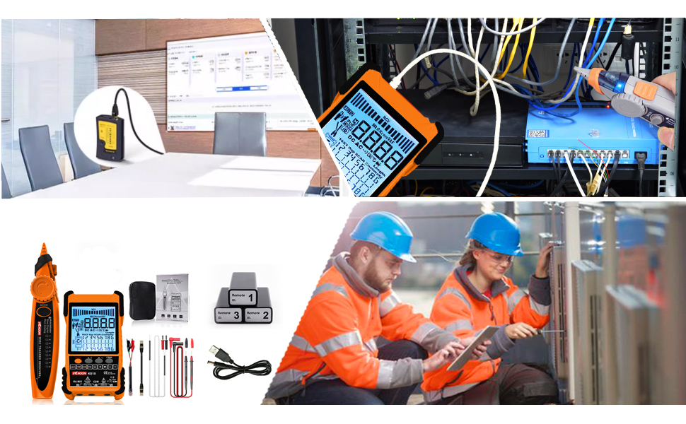 Collage di multimetri digitali e tecnici al lavoro su apparecchiature elettriche. Multimetro arancione in bella vista con vari accessori