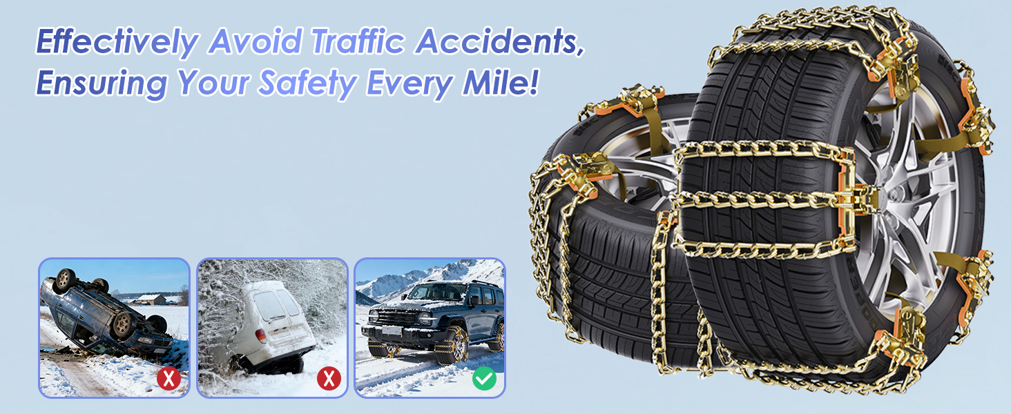 Text reads 'Effectively Avoid Traffic Accidents, Ensuring Your Safety Every Mile!' Collection of images showing snow tire chains and winter driving scenarios with vehicles and snowy conditions.