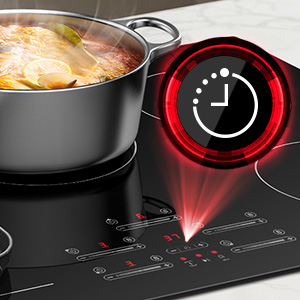 Gros plan de la surface de la table de cuisson à induction avec marmite noire et interface de minuterie illuminée en rouge montrant la zone de cuisson et la visualisation des commandes.