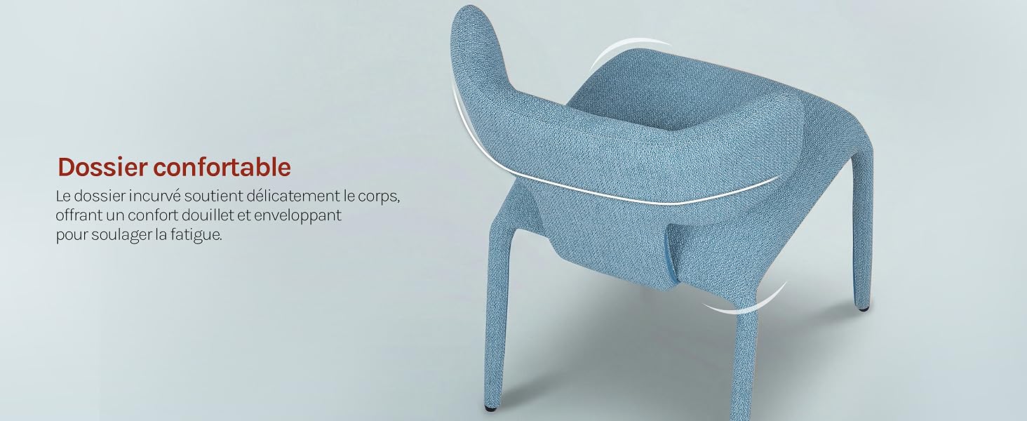 Le texte indique « Ne se sent pas à l'aise ». Conception de chaise ou de siège texturée bleue présentée sous plusieurs angles sur fond clair.