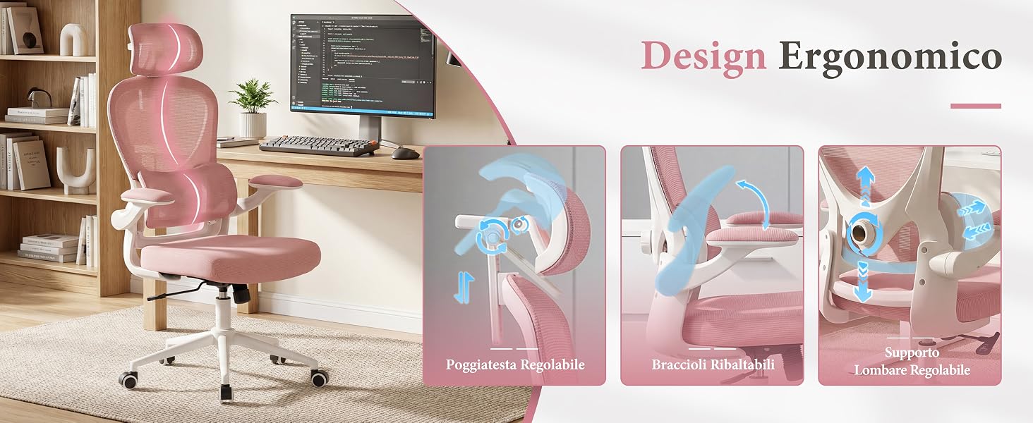 Il testo recita «Design Ergonomico». Sedia da ufficio rosa con schienale in rete per l'area di lavoro domestica, raffigurata con quattro pannelli esplicativi dettagliati con caratteristiche ergonomiche e meccanismi di regolazione.