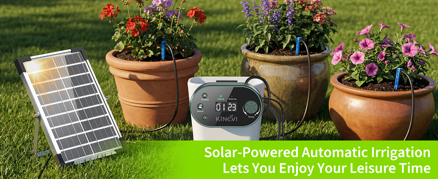 Text reads 'Solar Powered Automatic irrigation System'. Green potted plants with soil and solar panel device on wooden surface, promoting automated watering solution.