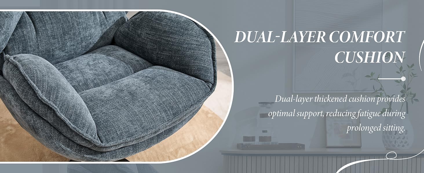 Close-up of a gray fabric chair cushion with dual-layer comfort design. Textured upholstery visible, highlighting the cushion's thickness and plush appearance.