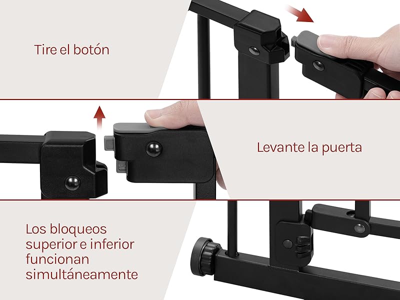El texto dice «Tire el botón», «Levante la puerta», «Los bloqueos superior e inferior», «Funcionan simultáneamento». Diagrama técnico que muestra los componentes del mecanismo de la puerta y los pasos de funcionamiento.