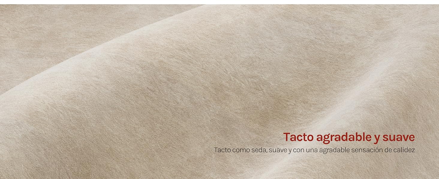 El texto dice «Tecla agradable y suave». Primer plano de un material de superficie texturizado de color beige o arena.