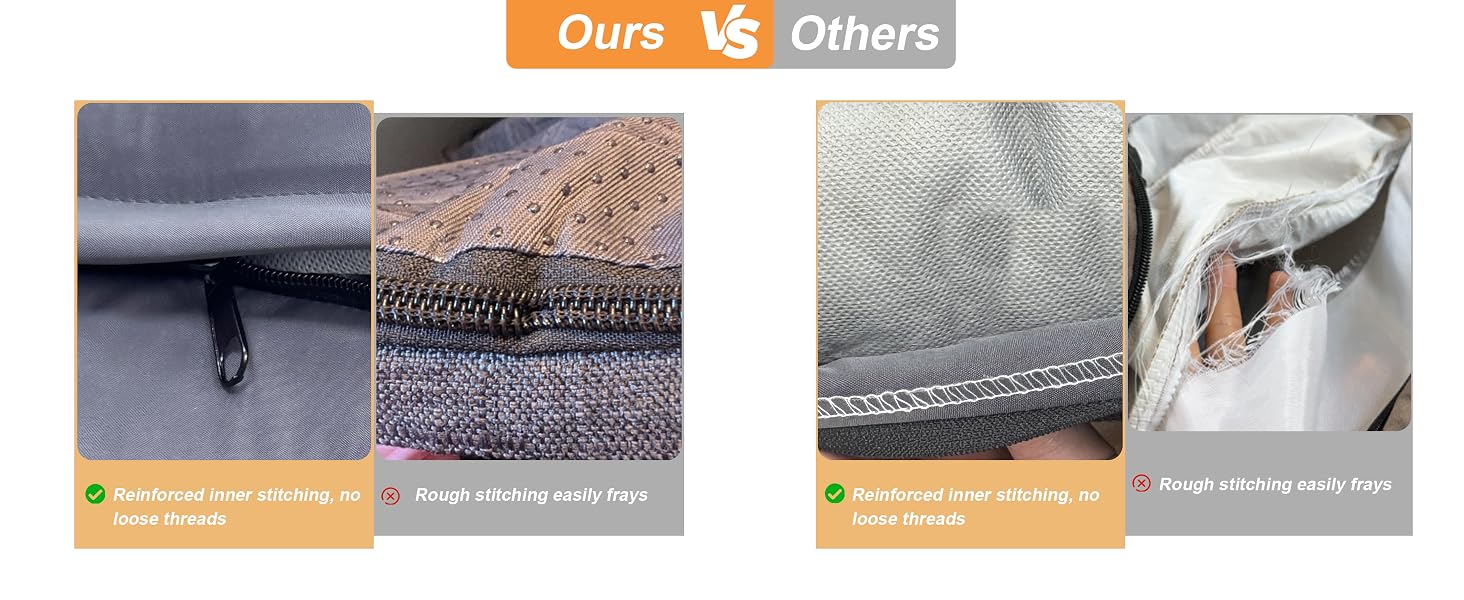 Il testo dice «I nostri contro gli altri». Immagine di confronto che mostra le differenze di qualità del tessuto tra due prodotti, con particolare attenzione alle cuciture e alla durabilità del materiale.