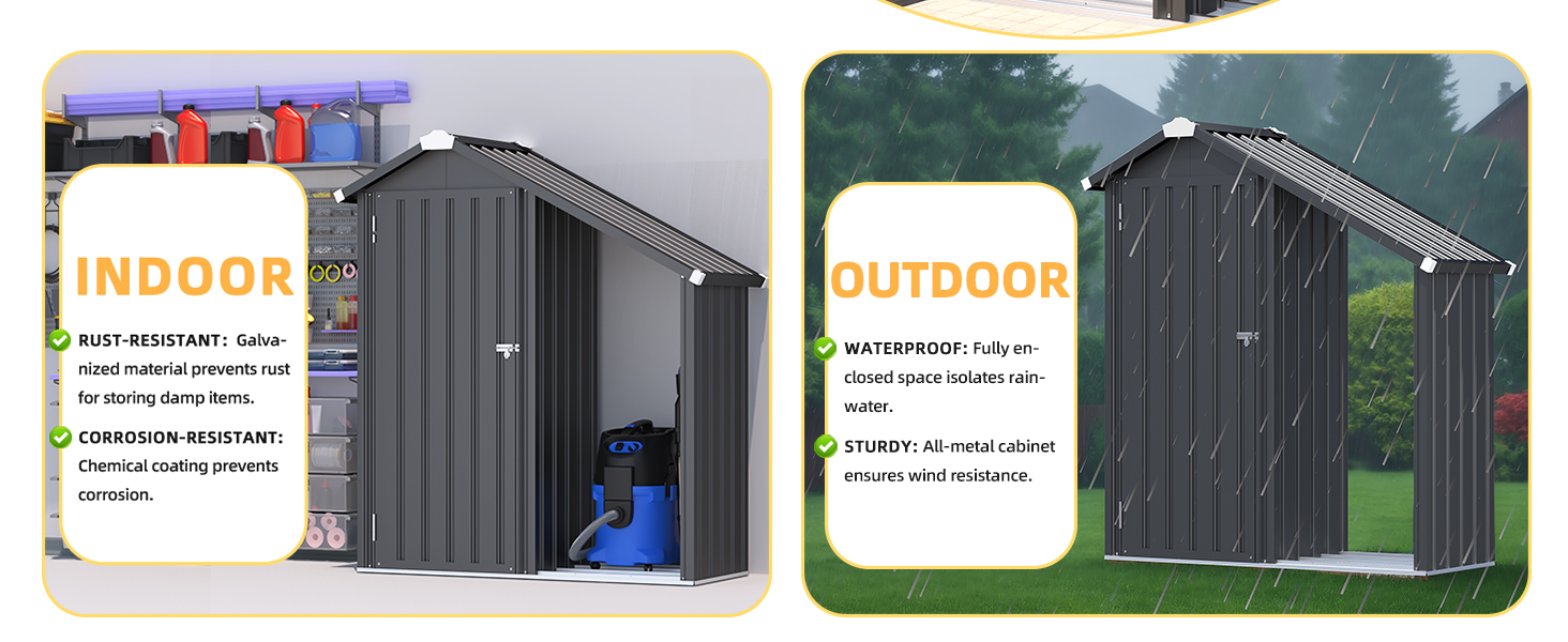 Der Text lautet „INDOOR“ und „OUTDOOR“. Mehrere Paneele zeigen Lagerschuppen oder Garagen aus grauem Metall mit unterschiedlichen Konfigurationen und Größen.