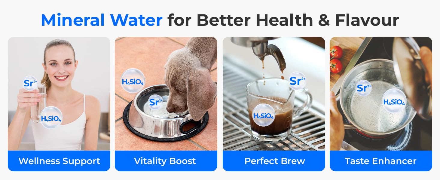 Le texte se lit comme suit : « De l'eau minérale pour une meilleure santé et une meilleure saveur » avec des sections étiquetées « Soutien au bien-être », « Vitality Boost », « Perfect Brew », « Taste Enhancer ». Quatre panneaux montrant l'utilisation de l'eau dans différents scénarios avec les symboles chimiques H2O et Sr.