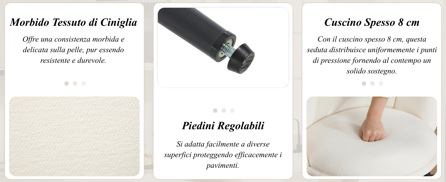 Il testo recita «Morbido Tessuto di Ciniglia», «Piedini Regolabili», «Cuscinò Spesso 8 cm». Schede informative del prodotto in italiano con le caratteristiche del tappetino da bagno.