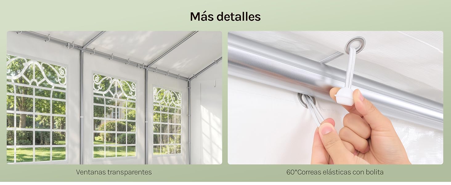 El texto dice «Mas detales» y «Se Fácil de abrir fácil» (parcialmente visible). Interior moderno y luminoso con ventanas blancas de varios paneles y una barra de cortina blanca montada en el techo con una demostración de instalación.