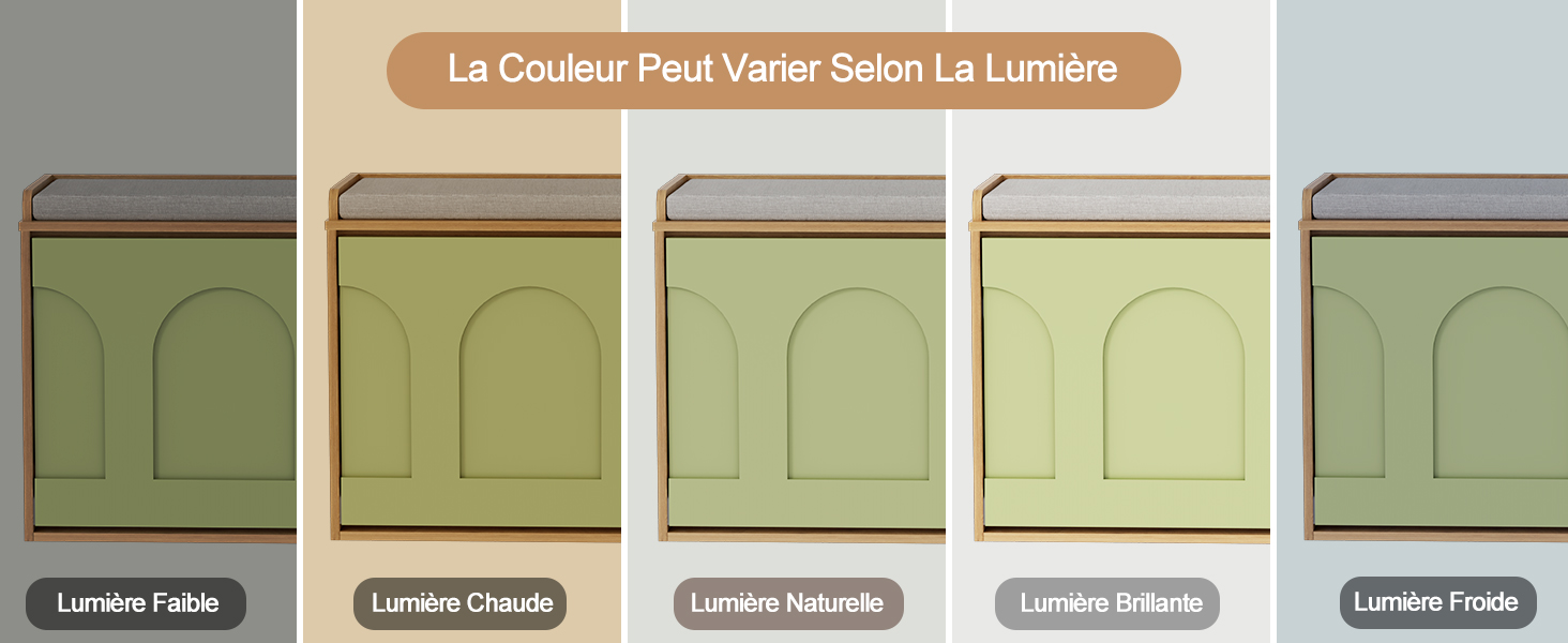 Le texte indique « La Couleur Parfaite Selon La Lumière » avec cinq échantillons de portes vertes affichés montrant des variations de couleur dans différentes conditions d'éclairage, étiquetés avec des noms de couleurs.
