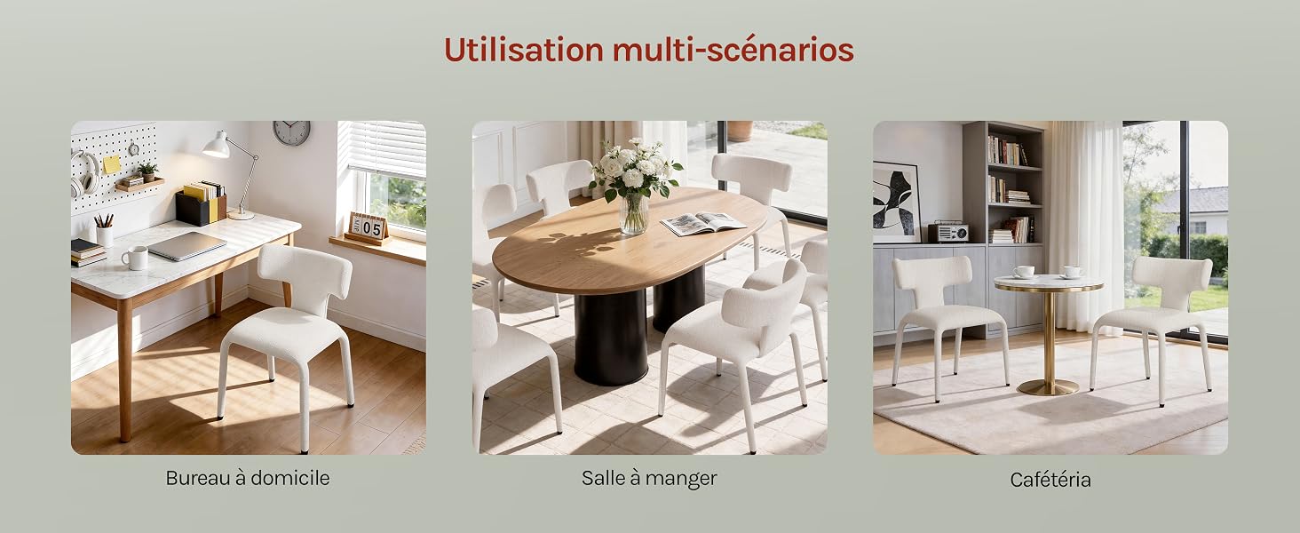 Le texte se lit comme suit : « Utilisation multi-scénarios ». Série de rendus architecturaux 3D montrant différentes configurations d'un système de mobilier modulaire dans des tons de blanc et de bois, illustrant plusieurs scénarios d'aménagement de pièces.