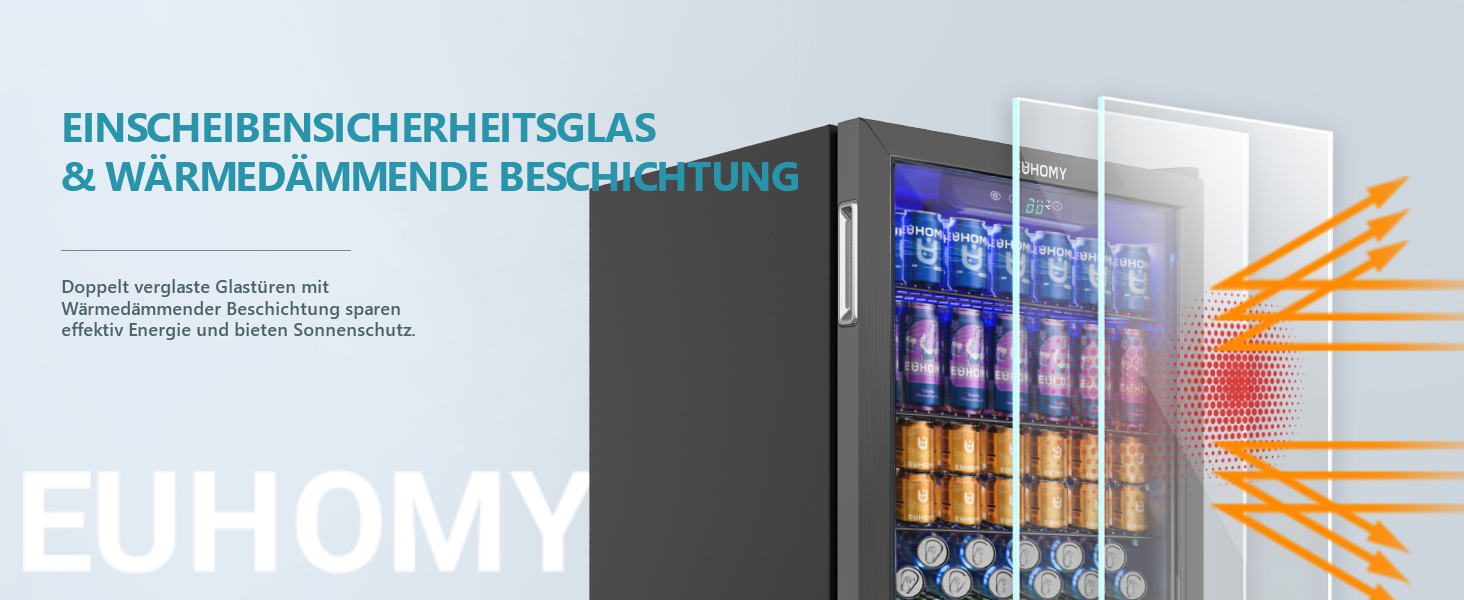 Der Text lautet „EUHOMIE“. Gewerbliche Kühleinheit mit Glastür, auf der bunte Getränkeflaschen auf beleuchteten Regalen ausgestellt sind.