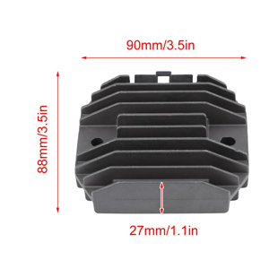 Black rectangular electronic component with heat sink fins. Dimensions shown: 90mm x 80mm x 27mm (3.5in x 3.1in x 1.1in).
