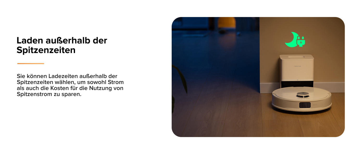 Ein weißer Roboterstaubsauger mit Digitalanzeige auf einem Holzboden. Im Hintergrund ist ein leuchtendes grünes katzenförmiges Licht sichtbar