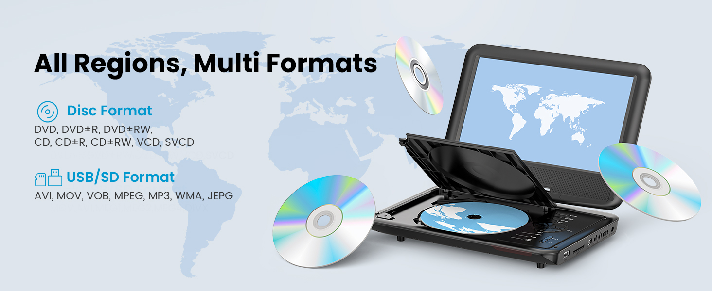 All-Region portable DVD player that plays DVDs from any country, ideal for home and on-the-go use