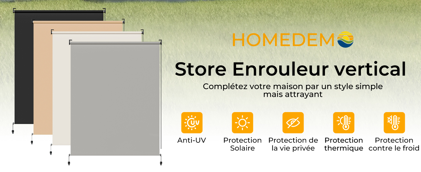 Le texte indique « HOMEDEMO » et « Store Enrouleur vertical ». Produit de revêtement de fenêtre illustré par des icônes indiquant des caractéristiques telles que la protection UV, la protection acoustique et la protection thermique.