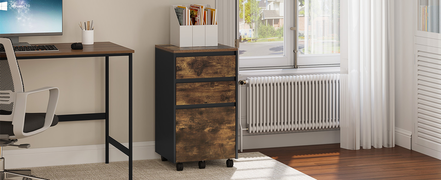 Modern home office setting with wooden filing cabinet, black metal desk, white chair, and radiator near sunlit window with sheer curtains.