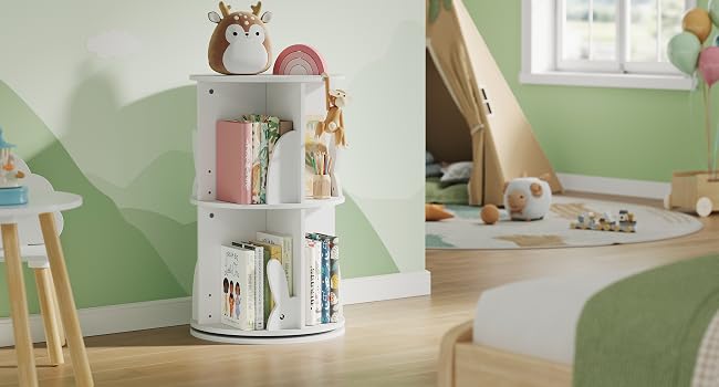 a children's room with a white shelf and a toy giraffe.