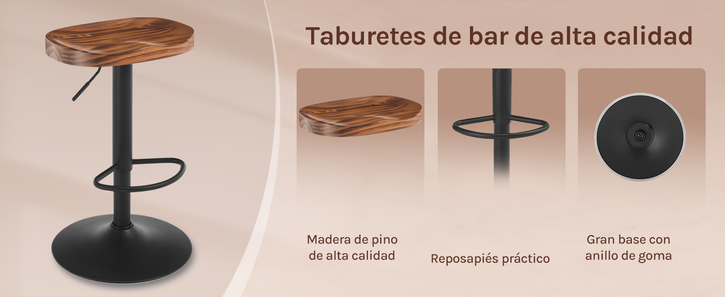 con asiento de madera y base de metal negro. Las características incluyen madera de pino de alta calidad, funcionalidad giratoria y un reposapiés circular. Base grande con anillo de goma