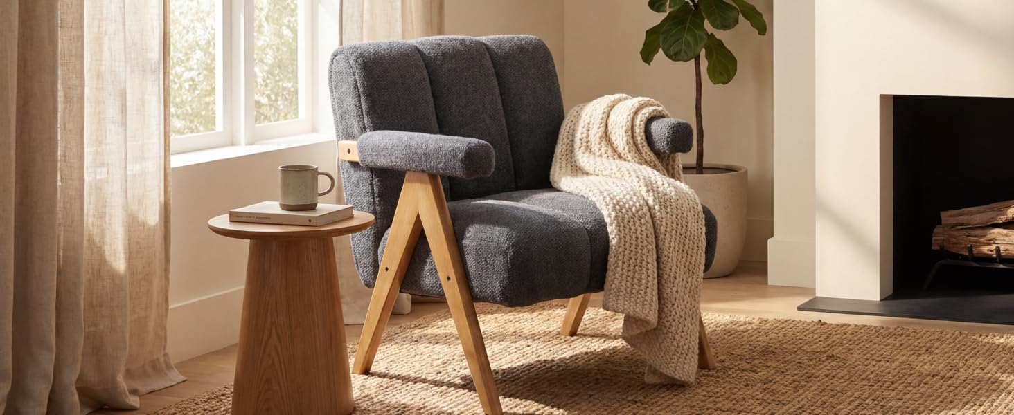 Living room setting featuring gray upholstered furniture with decorative cushions, wooden side table, and indoor plant, shown from multiple angles.