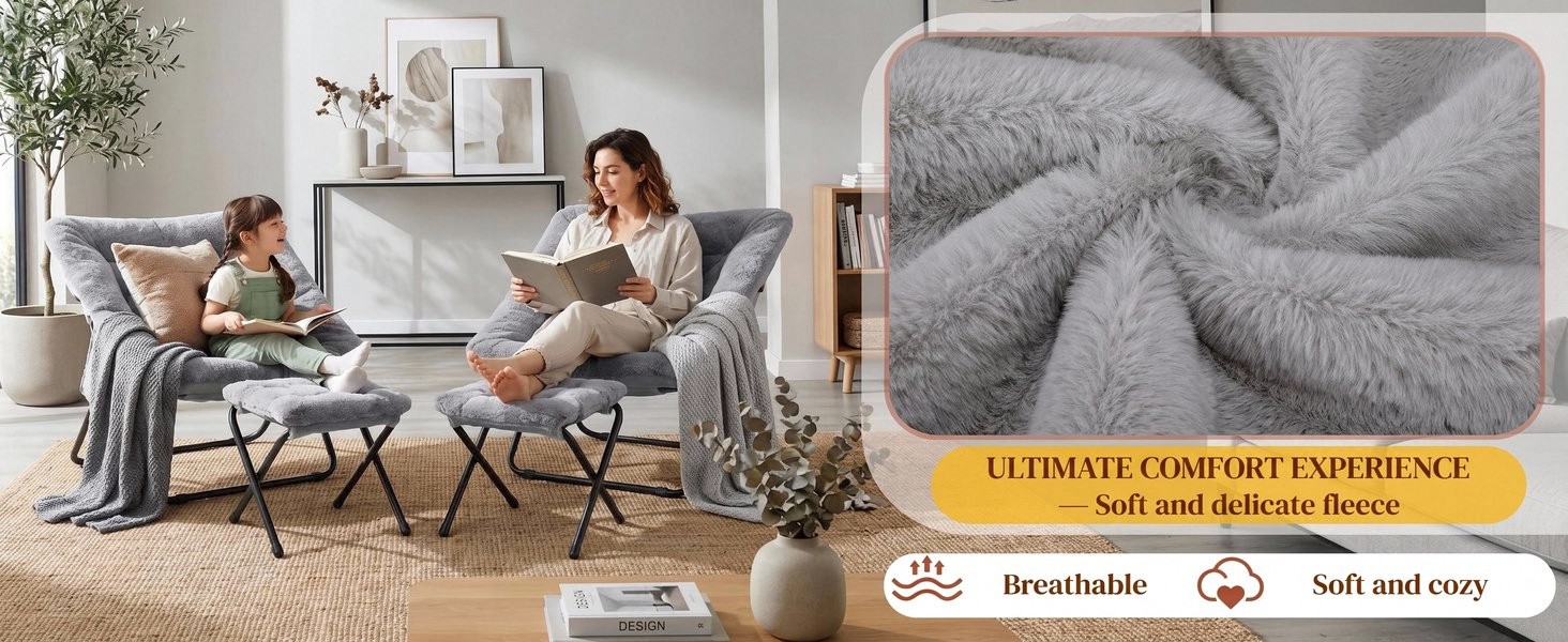Text reads 'EXTREME COMFORT EVERYDAY' on yellow banner. Woman sitting in modern living room with gray furniture and potted plants, displaying soft textured fabric close-up.