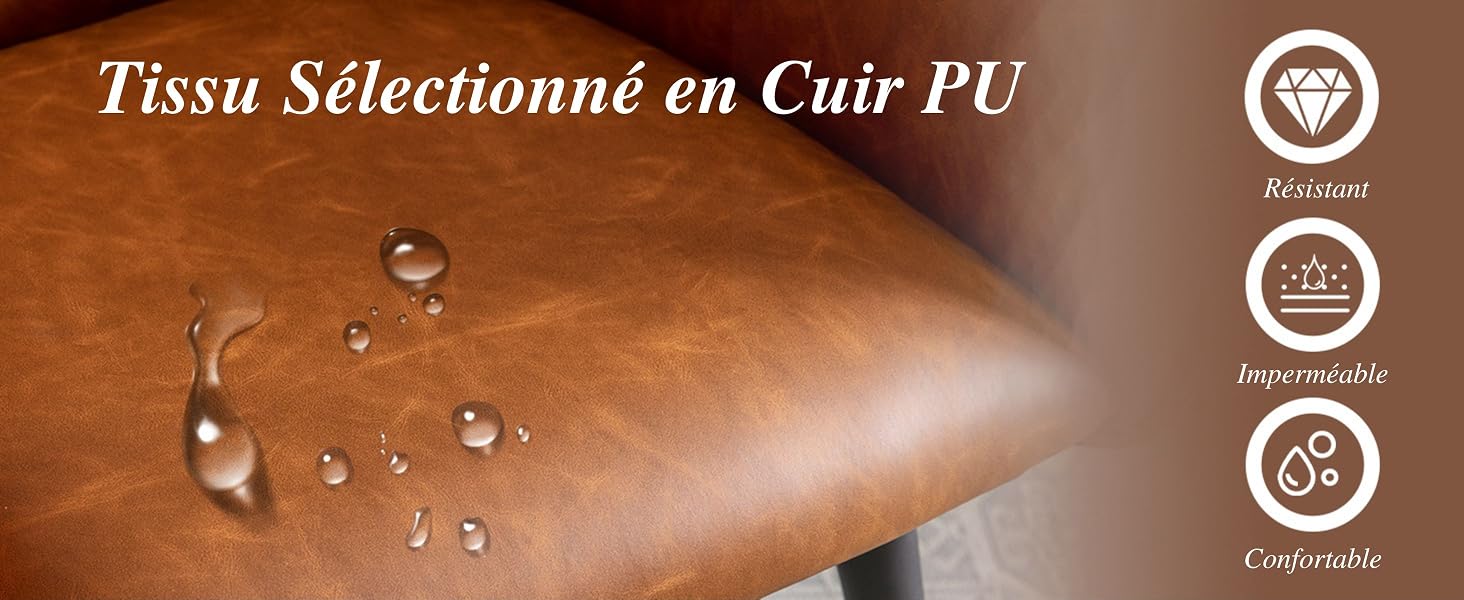 Gros plan d'un matériau brun semblable à du cuir avec des gouttelettes d'eau à la surface. Les icônes indiquent que le matériau est résistant, imperméable et confortable. Le texte en français mentionne « cuir PU »