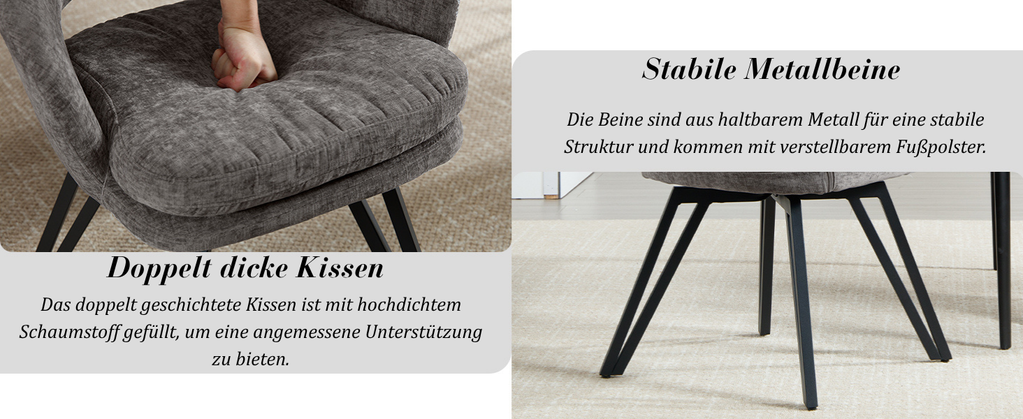 Der Text lautet „Stabile Metallbeine“ und „Doppelt-Dick-Kissen“. Das Produktbild zeigt ein dickes graues Kissen auf einem Stuhl mit Metallbeinen, das Details zur Möbelkonstruktion zeigt.