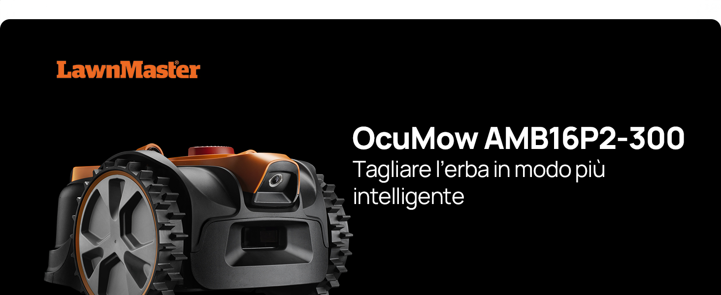 Il testo recita «LawnMaster OcuMow AM816P2-300 Tagweise farba in modo pad intelligente». Foto del prodotto del rasaerba robotizzato con custodia scura.