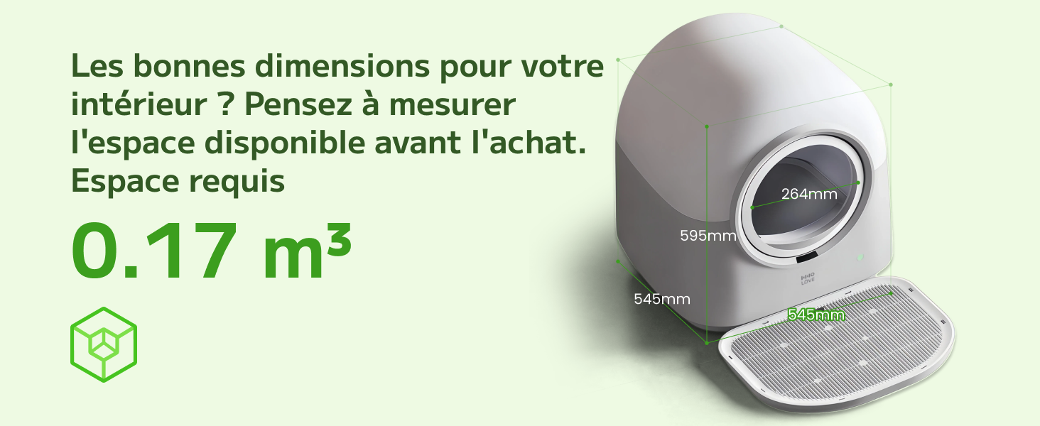 Le texte se lit comme suit : « Les bonnes dimensions pour votre intérieur ! Pensez à mesurer l'espace disponible avant l'achat. Espace requis 0,17 m²' avec symbole de recyclage. Dispositif de purification d'air gris illustré de face avec filtre circulaire visible.