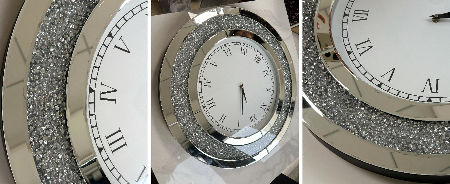 Artloge Orologio da Parete con Diamanti Scintillanti: 60cm Orologio Decorativo Rotondo con cornice in Vetro Argentato Orologio Silenzioso a Muro Art Decorazione per la Casa Cucina Soggiorno