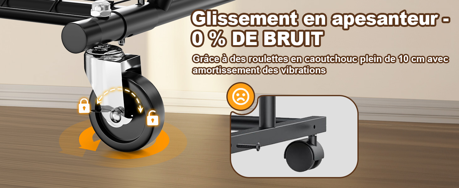 Le texte indique « Glissement en apesanteur » et « 0 % DE BRUT ». Détail du produit montrant des roues ou des roulettes sur des meubles avec des éléments graphiques indiquant un mouvement fluide.