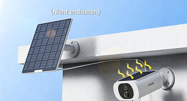 Technische Abbildung, die ein zylindrisches Gerät mit Sonnenkollektoren und Kameraausrüstung vor hellblauem Hintergrund zeigt.