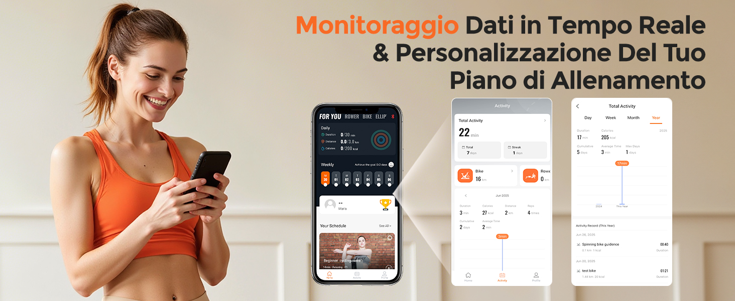 Il testo recita «Monitoraggio Dati in Tempo Reale &amp; Personalizzazione Del Tuo Piano di Allenamento». Schermate dell'interfaccia dell'app mobile che mostrano le schermate di monitoraggio della forma fisica e pianificazione dell'allenamento.