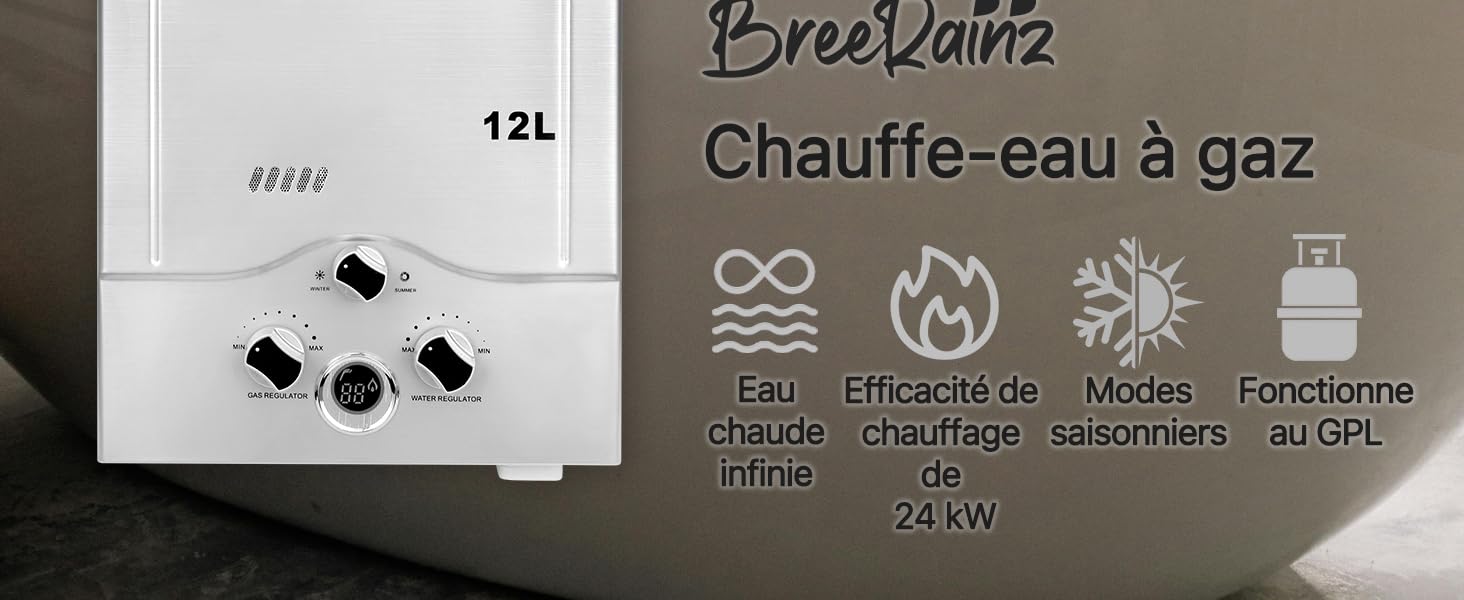 Le texte indique « Dépannage chauffe-eau à gaz ». Plusieurs images montrant l'interaction avec ce qui semble être un appareil mural ou un panneau de commande.