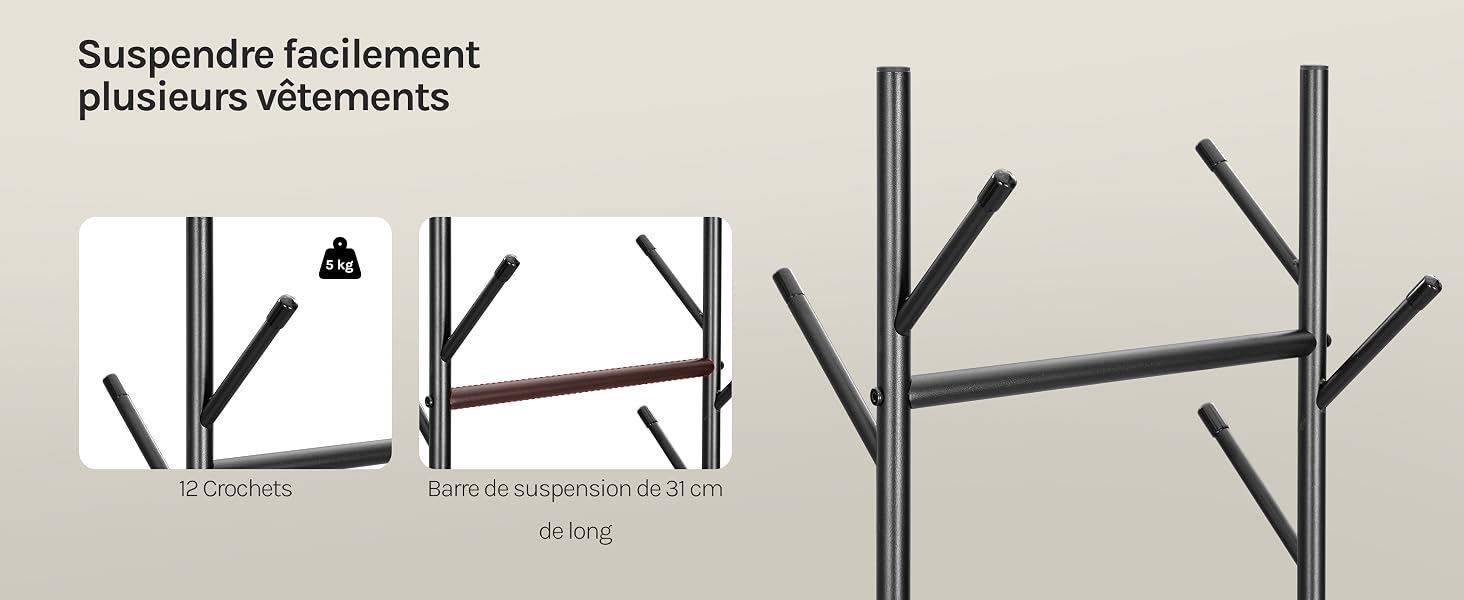 Le texte se lit comme suit : « Suspende facilitcendi pluieurs eléments ». Schémas techniques illustrant différentes configurations de supports ou de supports en métal noir sous différents angles et agencements.